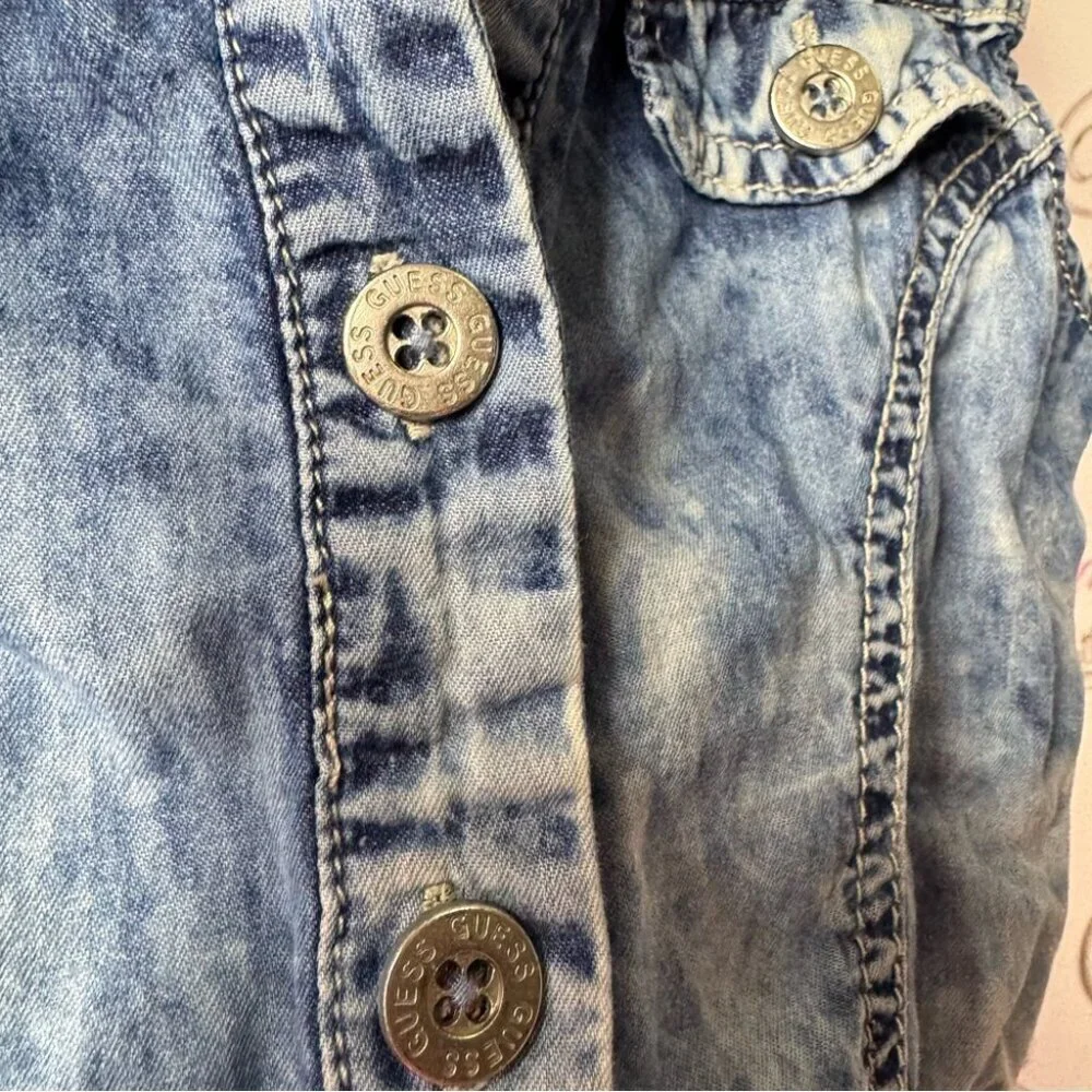 Guess dress high low denim look vest button up with floral skirt attached y2k